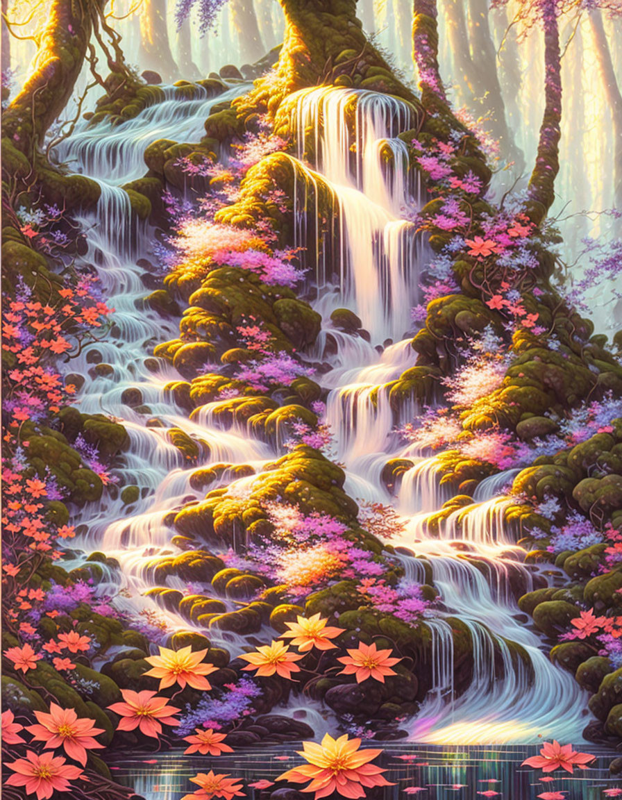 Tranquil forest scene with mossy rocks, pink flowers, and flowing waterfall