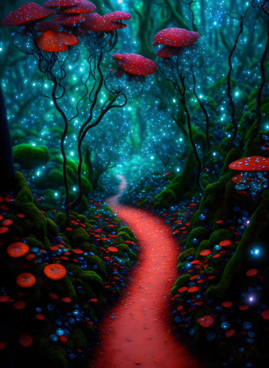 Enchanting forest pathway with bioluminescent plants and floating creatures