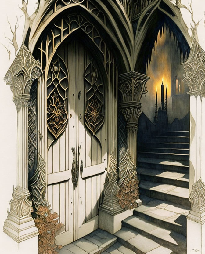 Intricate Gothic-style double doors with stone columns and candles