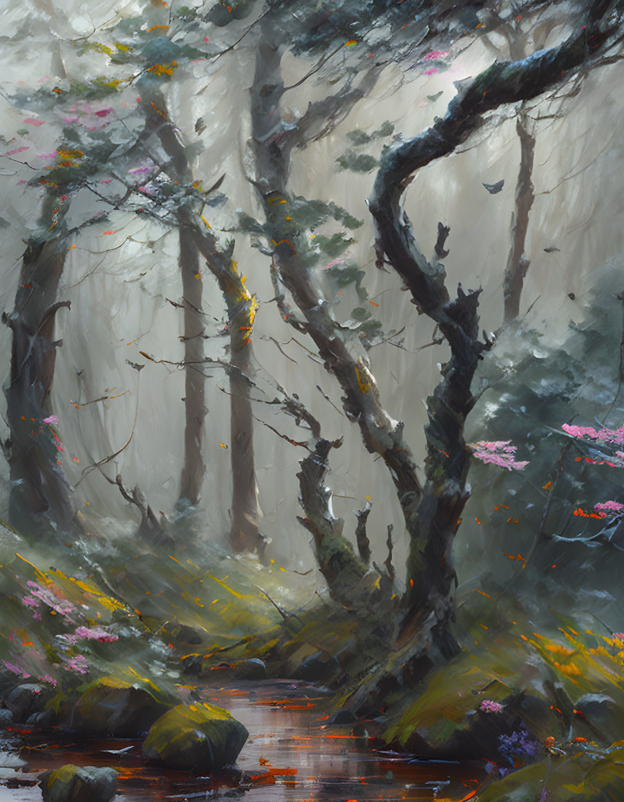 Tranquil forest scene with stream, twisted trees, colorful flowers, fog, and sunlight.