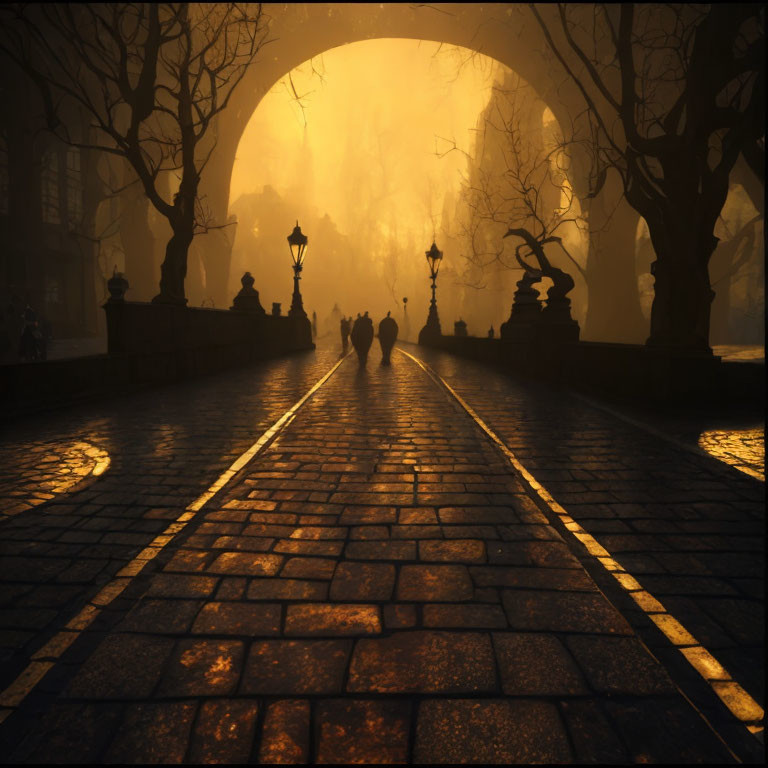 Silhouetted figures on cobblestone path under street lamps