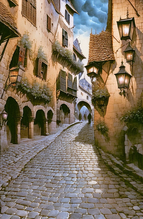 Medieval cobblestone street in old European town at twilight