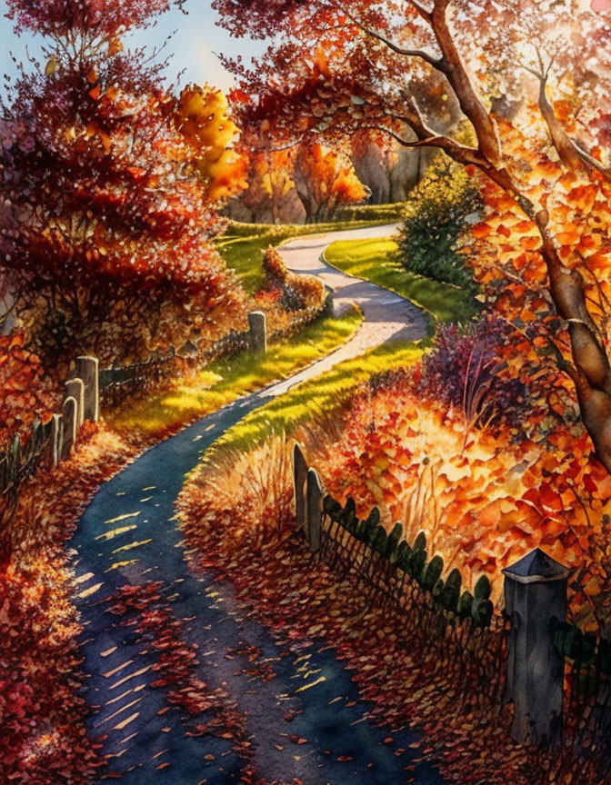 Scenic autumn landscape with winding path, colorful foliage, wooden fence, and sunlight.