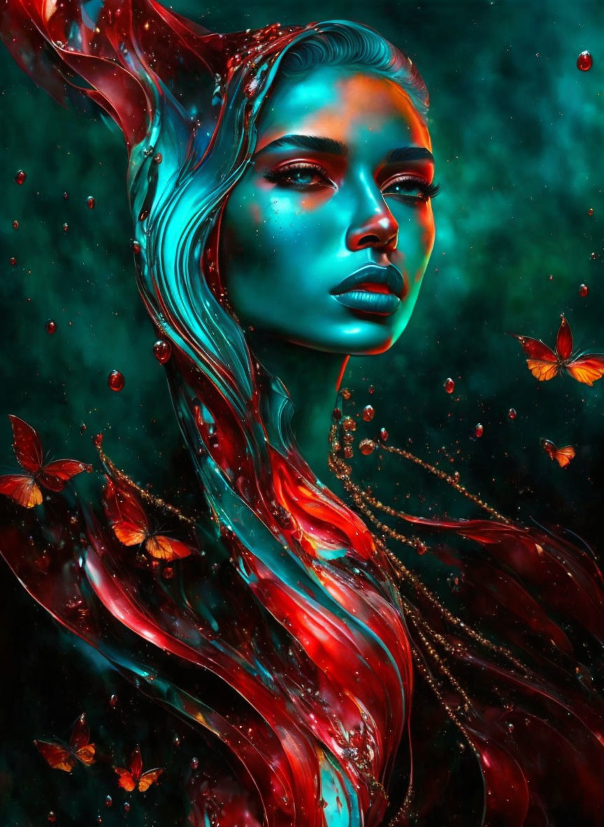 Fantasy digital art: Woman in red and turquoise with ethereal elements