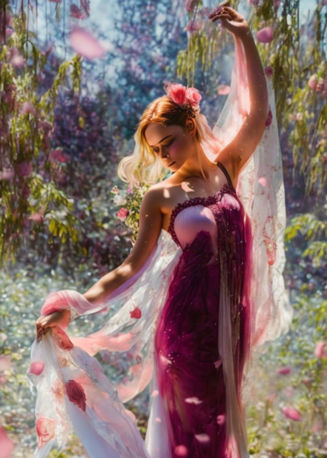 Woman in Pink Dress Dancing in Sunlit Forest with Flowers