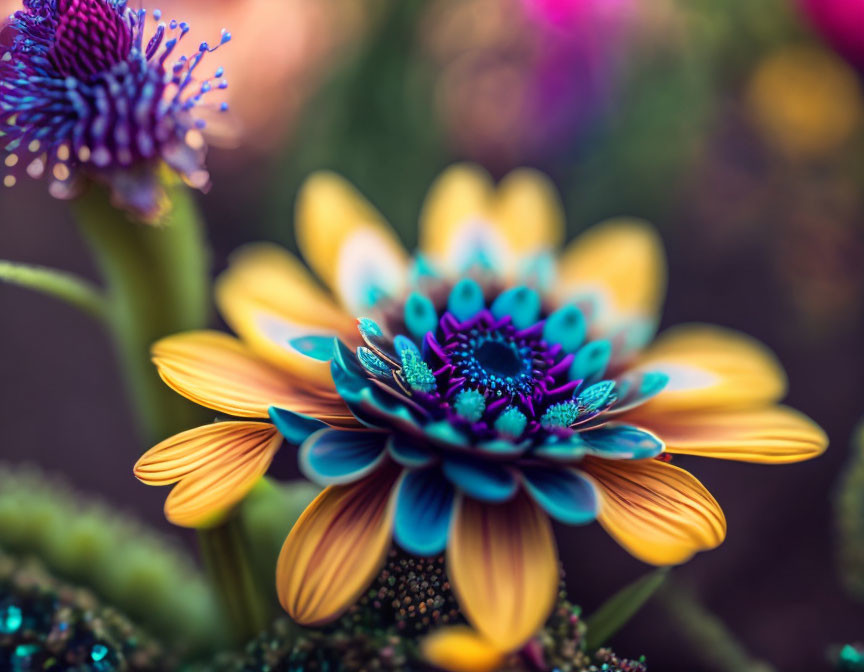 Colorful flower with yellow and blue petals in floral setting.