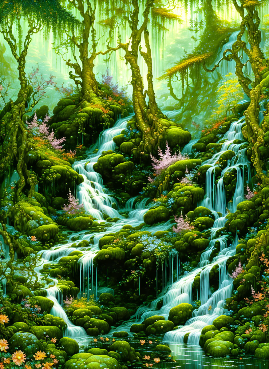 Lush forest scene with moss-covered trees and waterfall