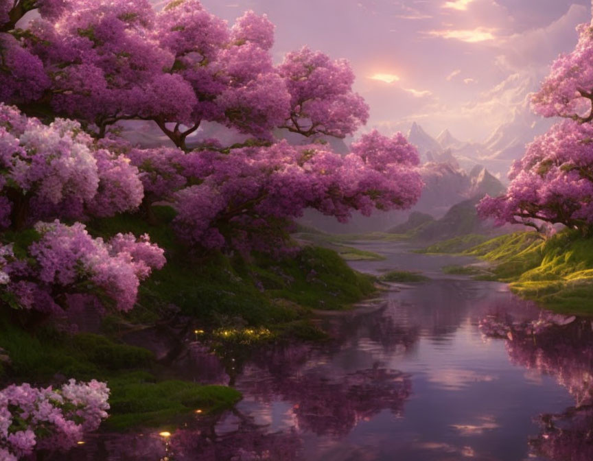 Serene river landscape with pink flowering trees and misty mountains