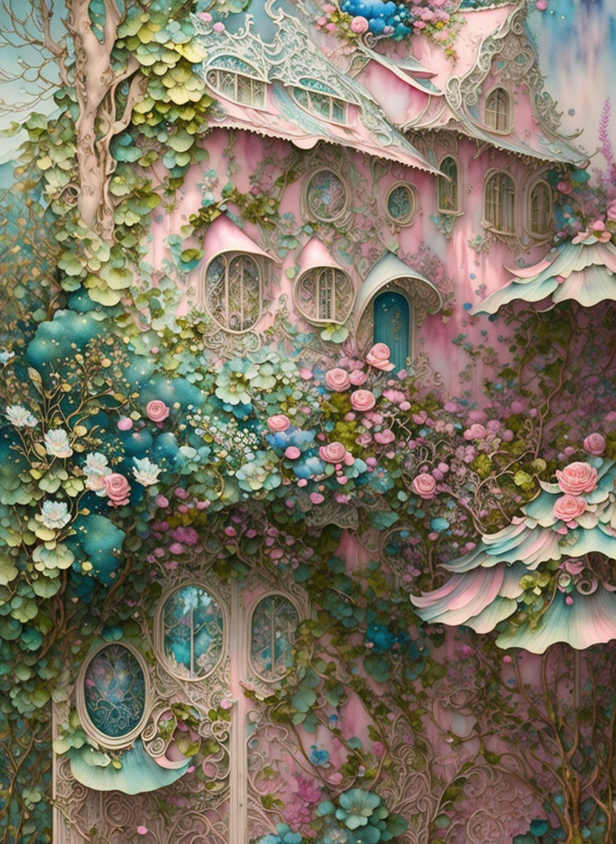 Detailed fantasy illustration of whimsical pink house with lush flowers.