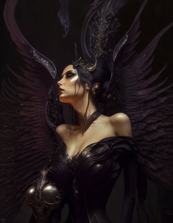 Mystical gothic woman with dark angelic wings and ornate headpiece