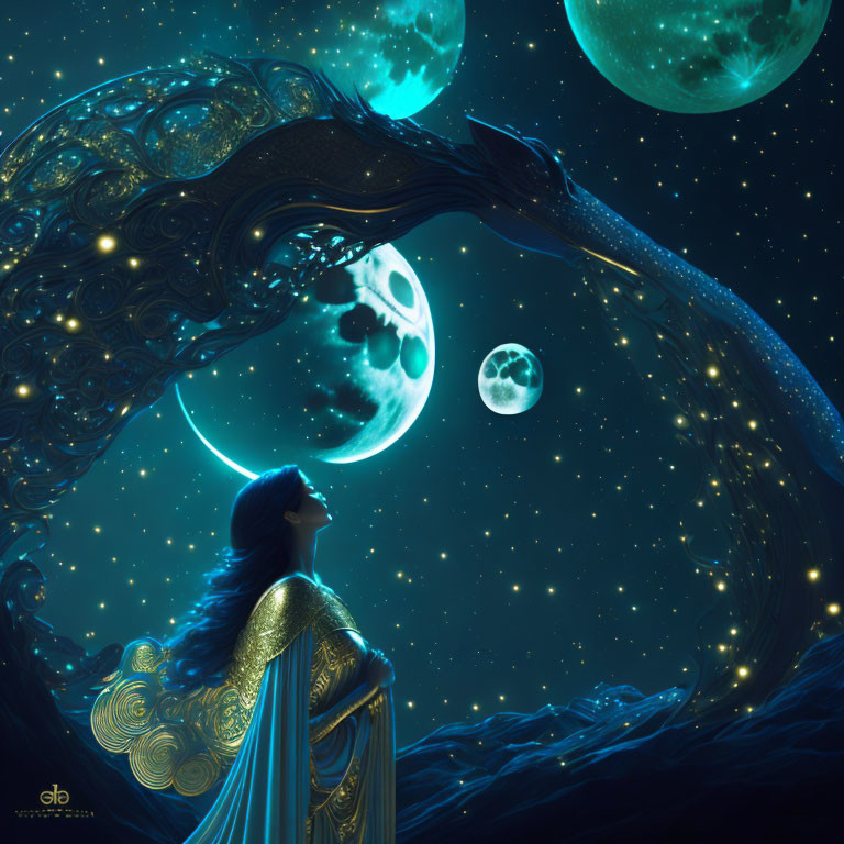 Surreal illustration of woman under cosmic tree with crescent moon