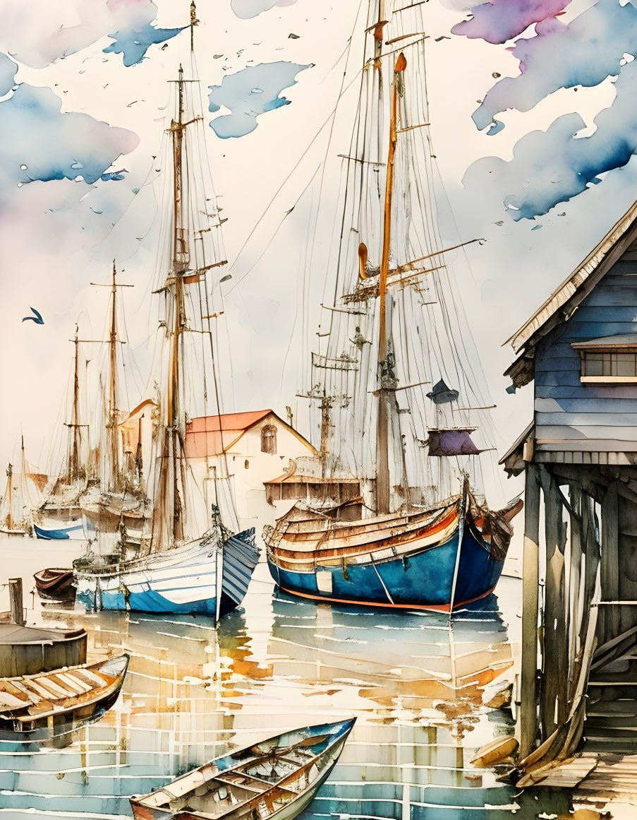 Serene harbor watercolor with sailboats, dock, and boathouse