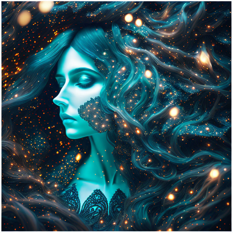 Fantastical portrait of a woman with swirling blue hair and sparkling stars.