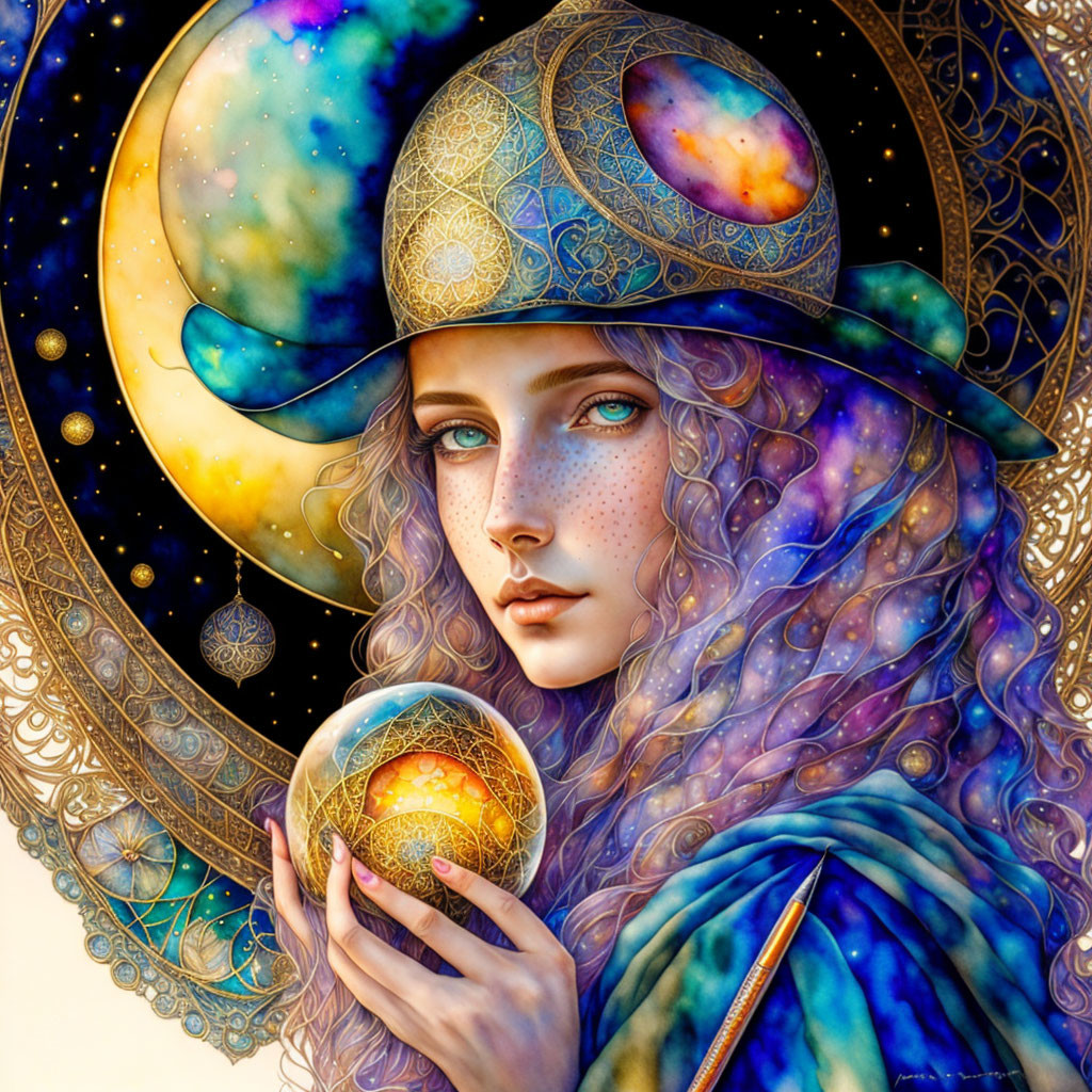 Mystical woman illustration with celestial motifs and cosmic sphere