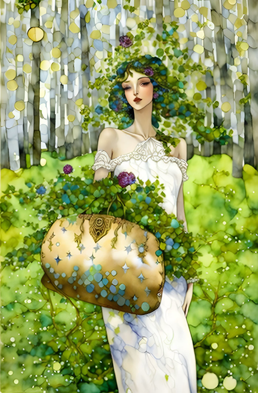 Illustrated woman in floral headdress and white dress with patterned purse in whimsical forest