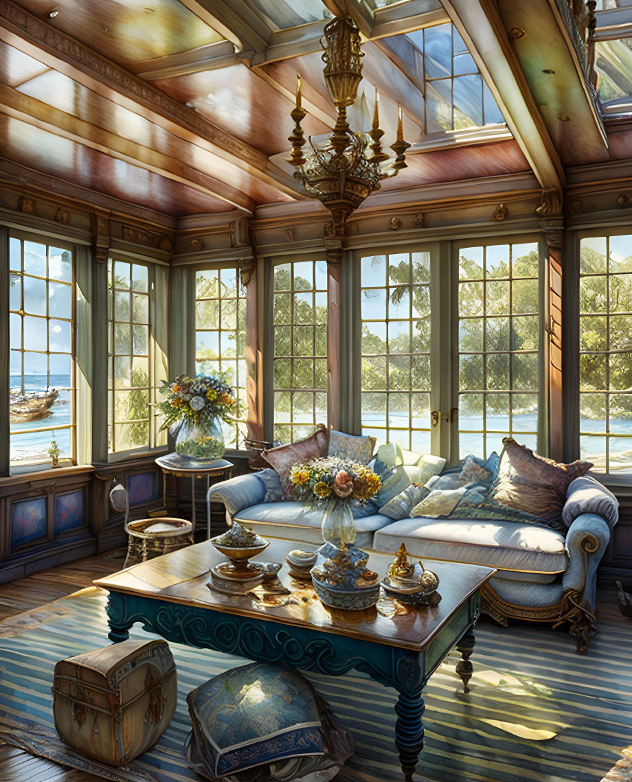 Luxurious sunlit room with sea view, plush seating, ornate decor, and chandelier