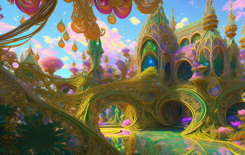 Fantastical landscape with golden structures and vivid flora