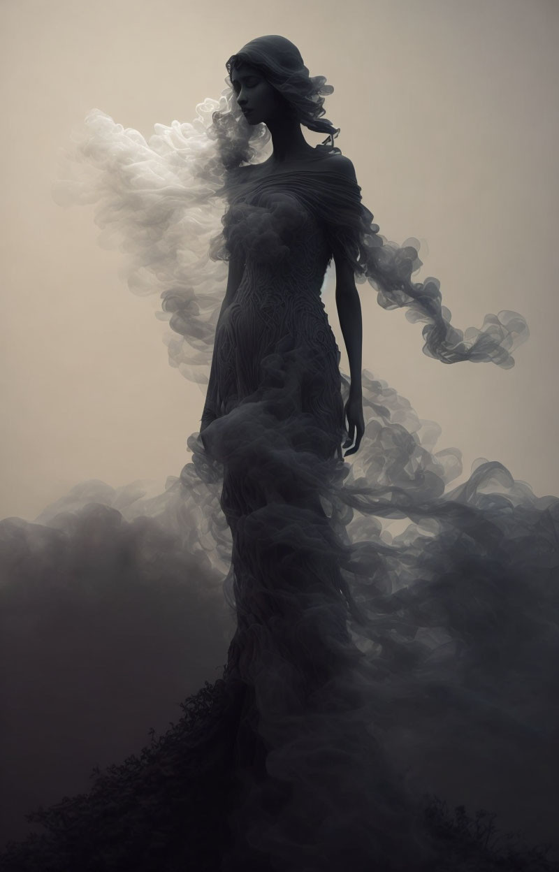 Monochrome art of woman in flowing dress with smoke transition