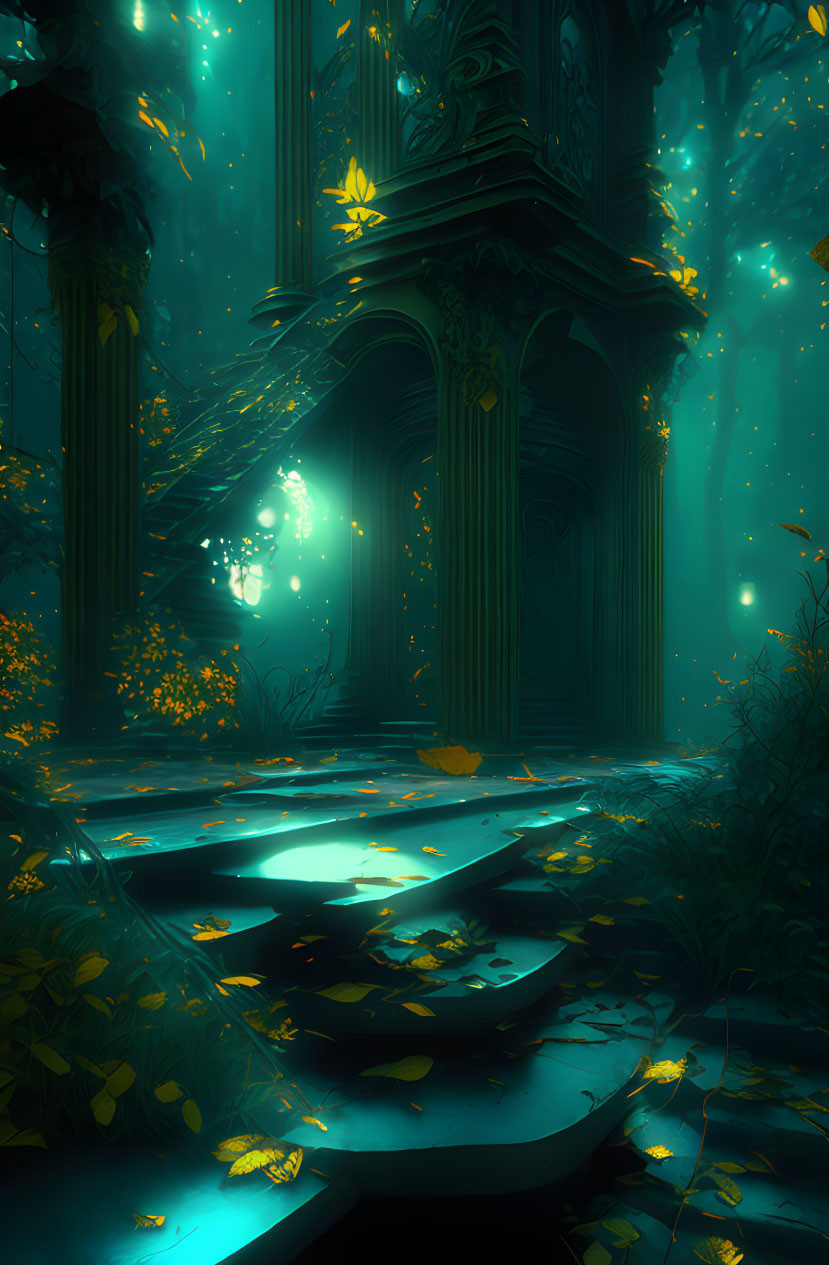 Mystical forest scene with glowing foliage and ancient architecture