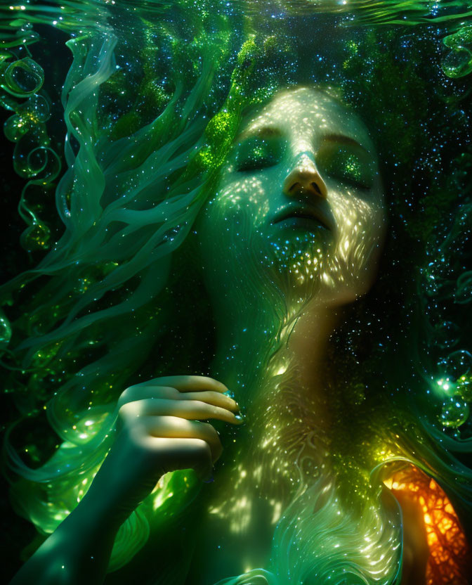 Surreal underwater portrait of a woman with flowing hair surrounded by glowing green particles and bubbles