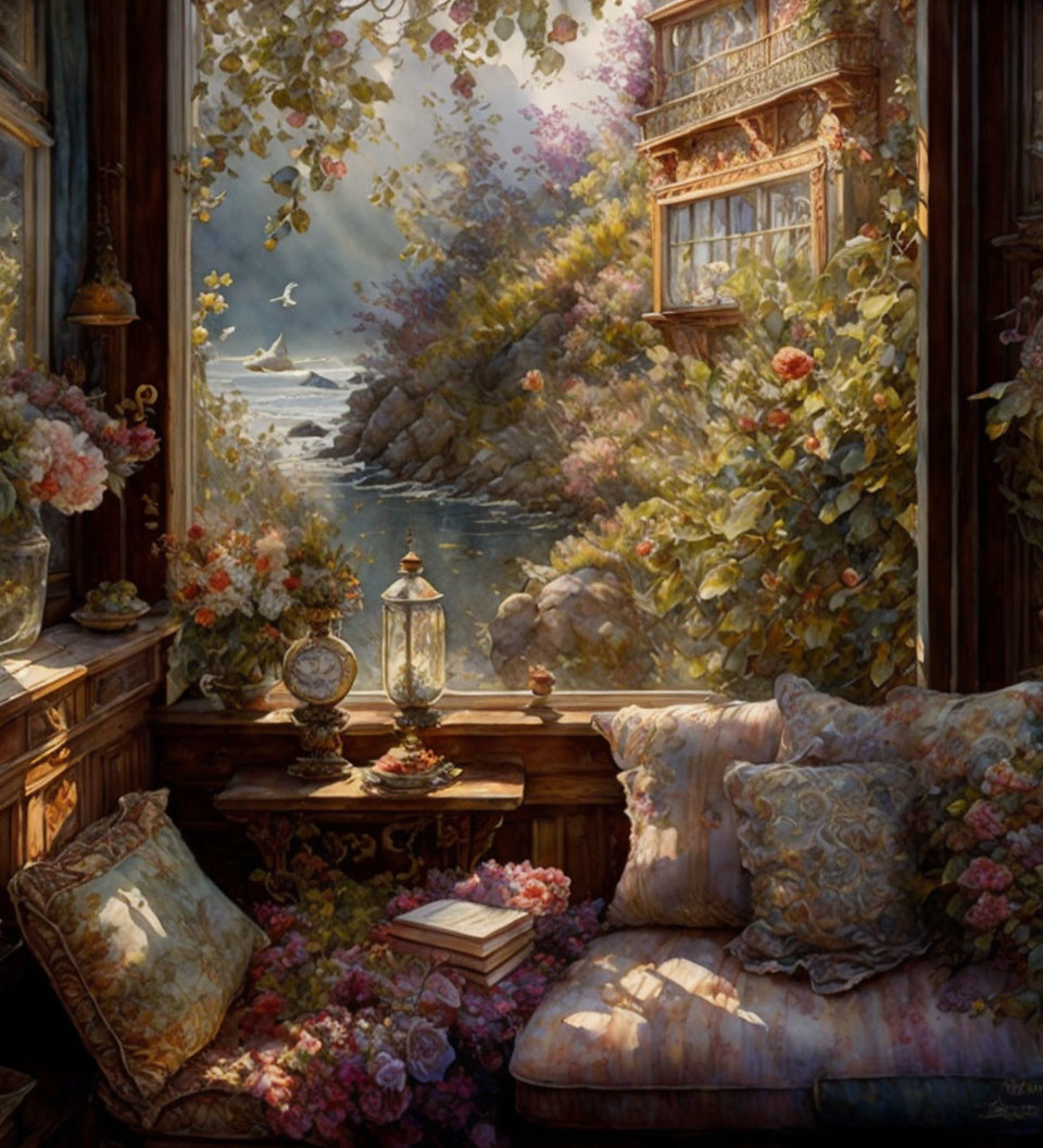 Window Seat with Cushions and Coastal View among Flowers