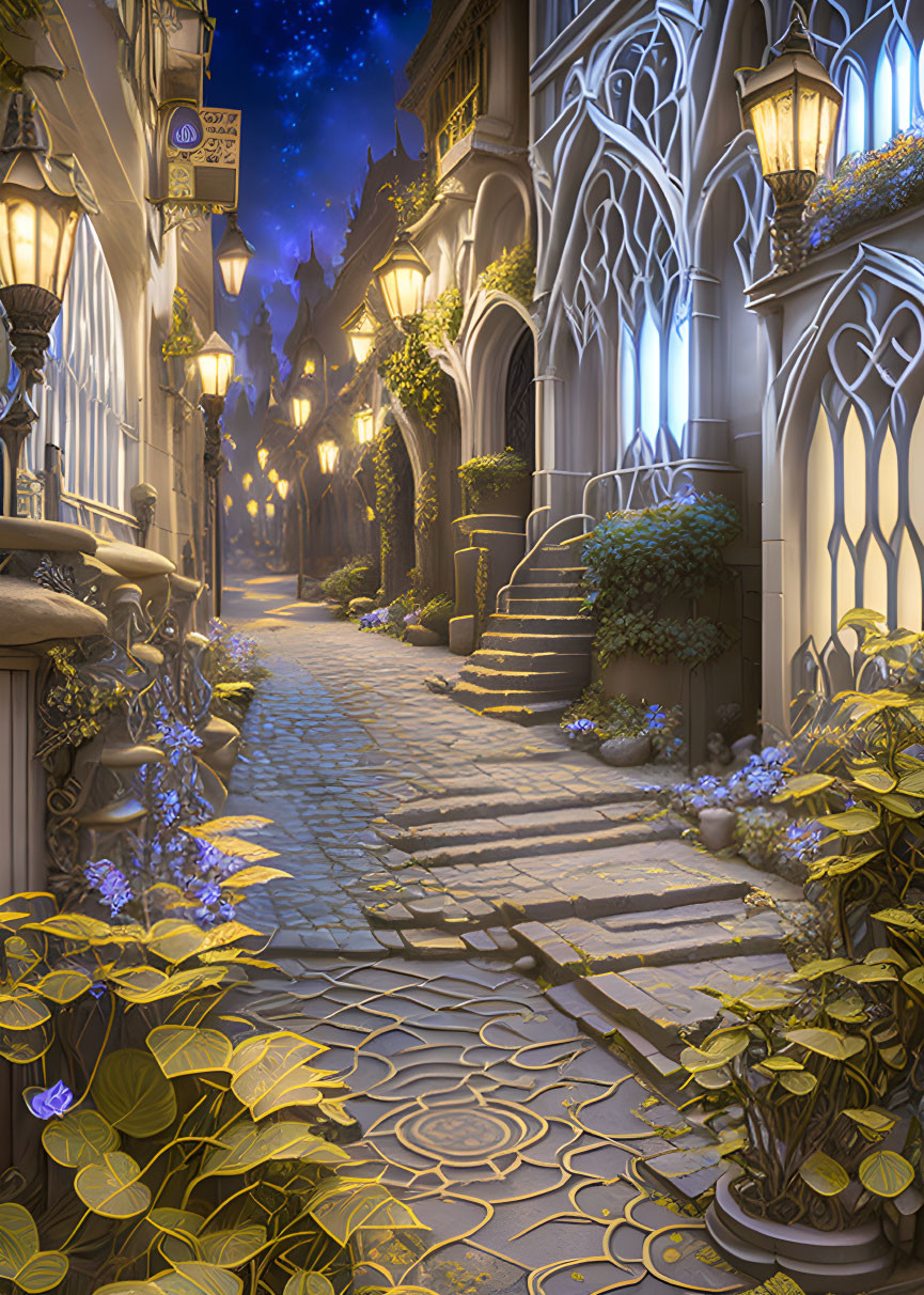 Gothic architecture alley under starry night sky with glowing lamps