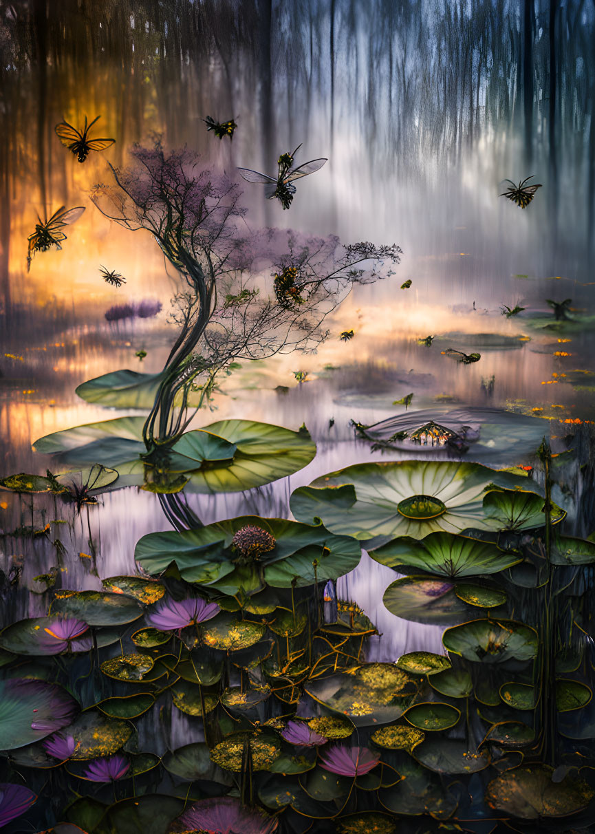 Surreal landscape with floating butterflies and twisted tree