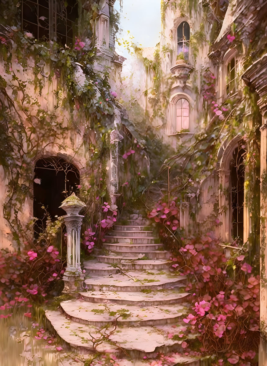 Derelict architecture with pink flowers in overgrown courtyard