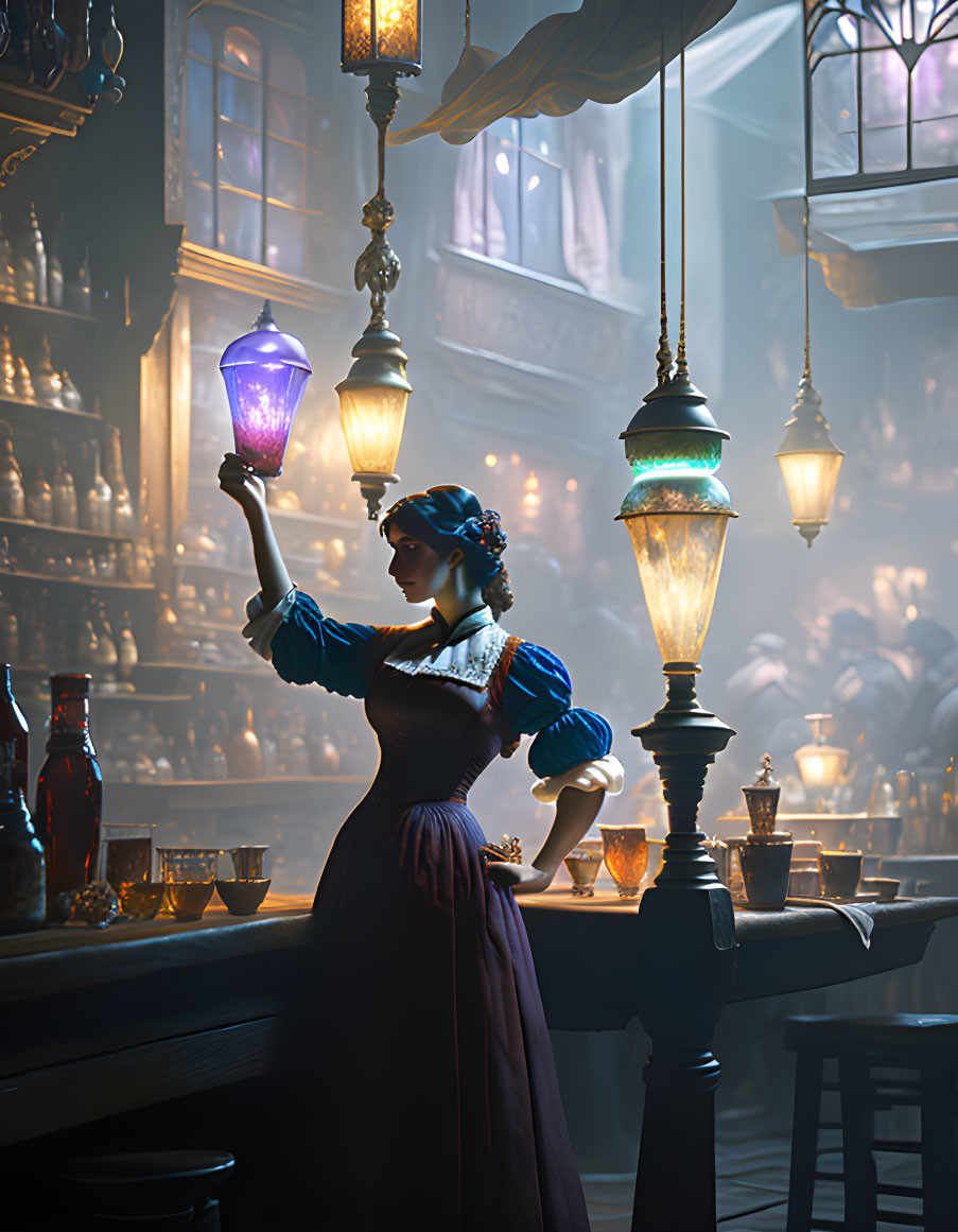 Historical woman holding lantern in dimly lit tavern with vintage details