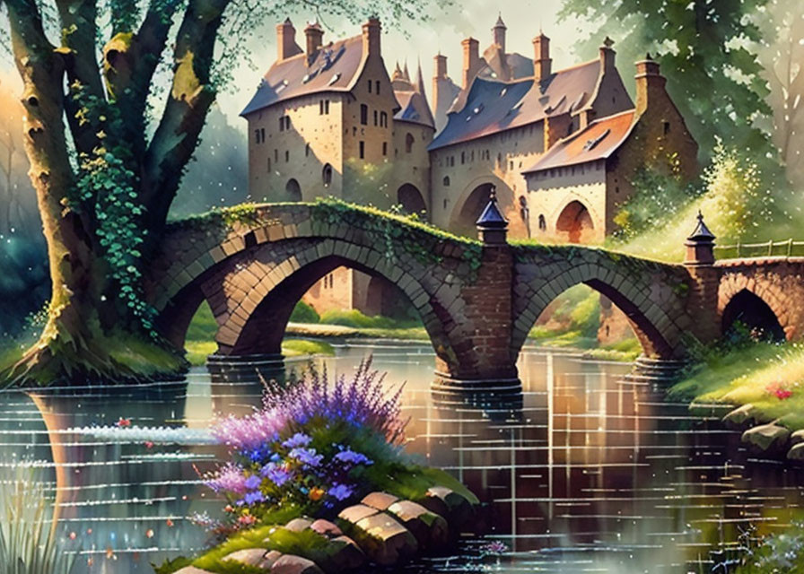 Majestic castle by calm river with stone bridge in serene fantasy painting