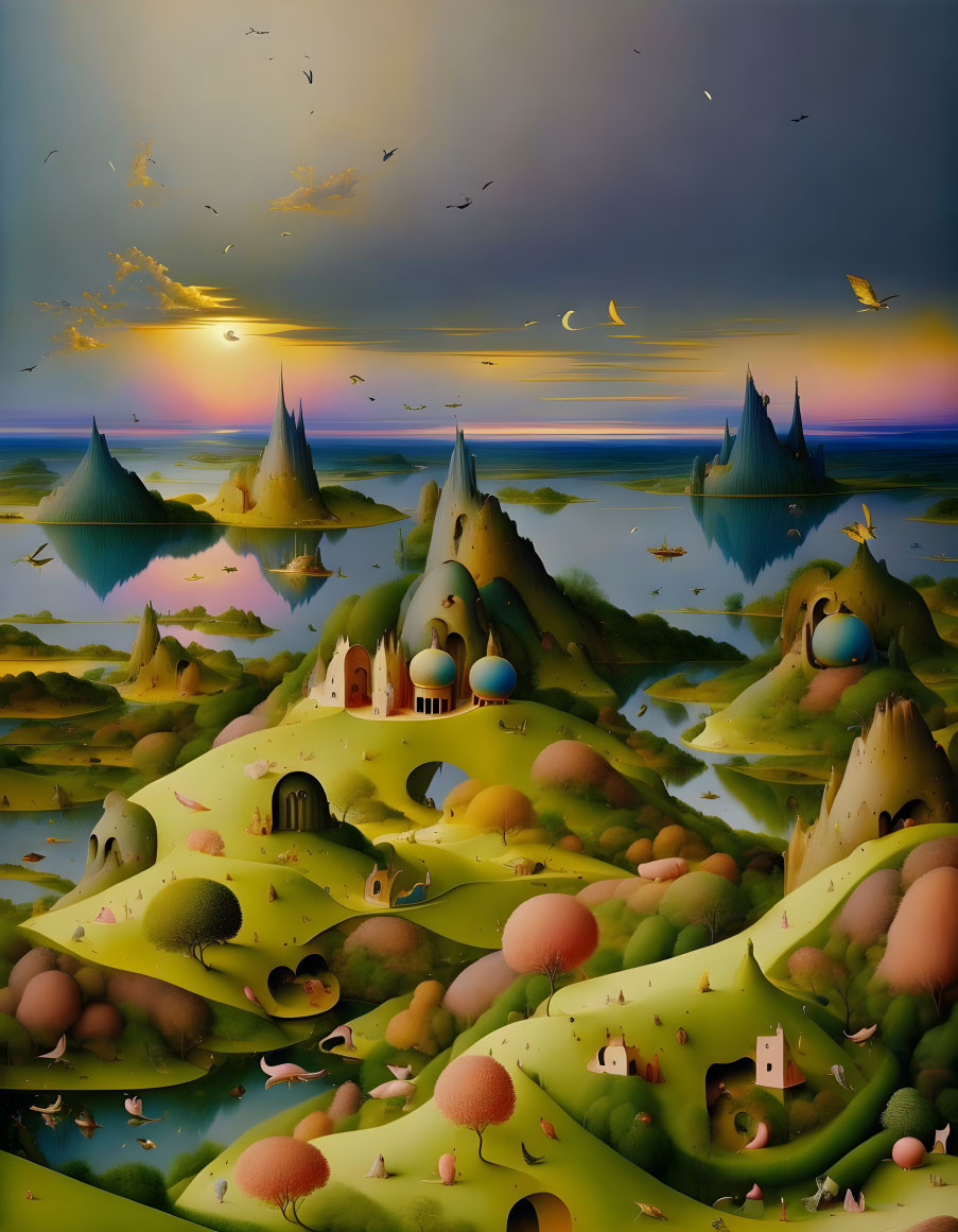 Surreal landscape featuring rolling hills, domed structures, and calm waterways at twilight