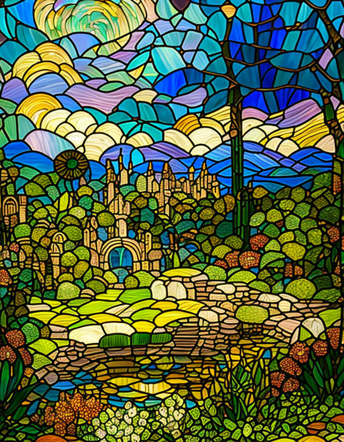 Colorful Stained Glass Style Landscape Illustration: Castle, Trees, River, Sky