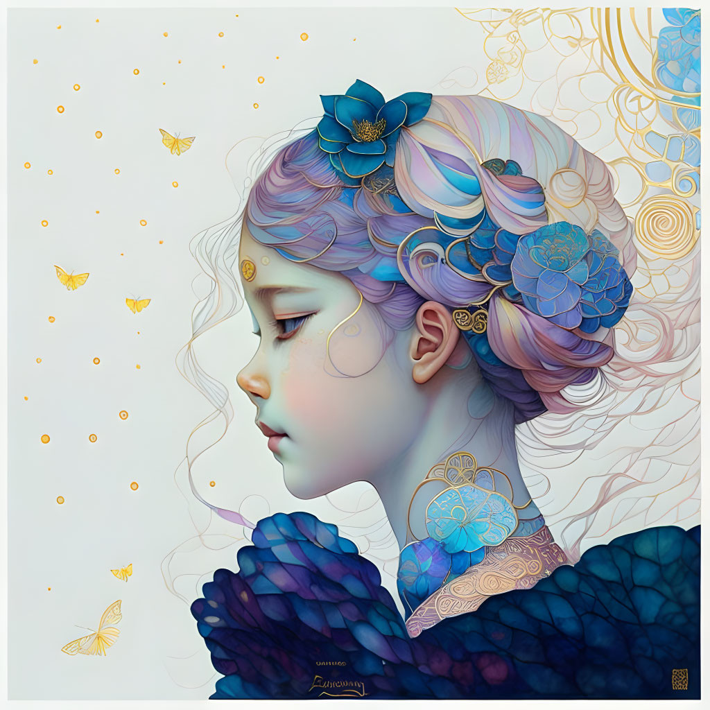 Side profile of girl with purple and blue hair, flowers, butterflies, and golden patterns on cream background