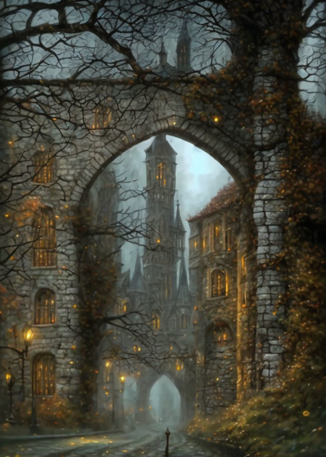 Stone archway covered in ivy opens to foggy medieval street with glowing lanterns