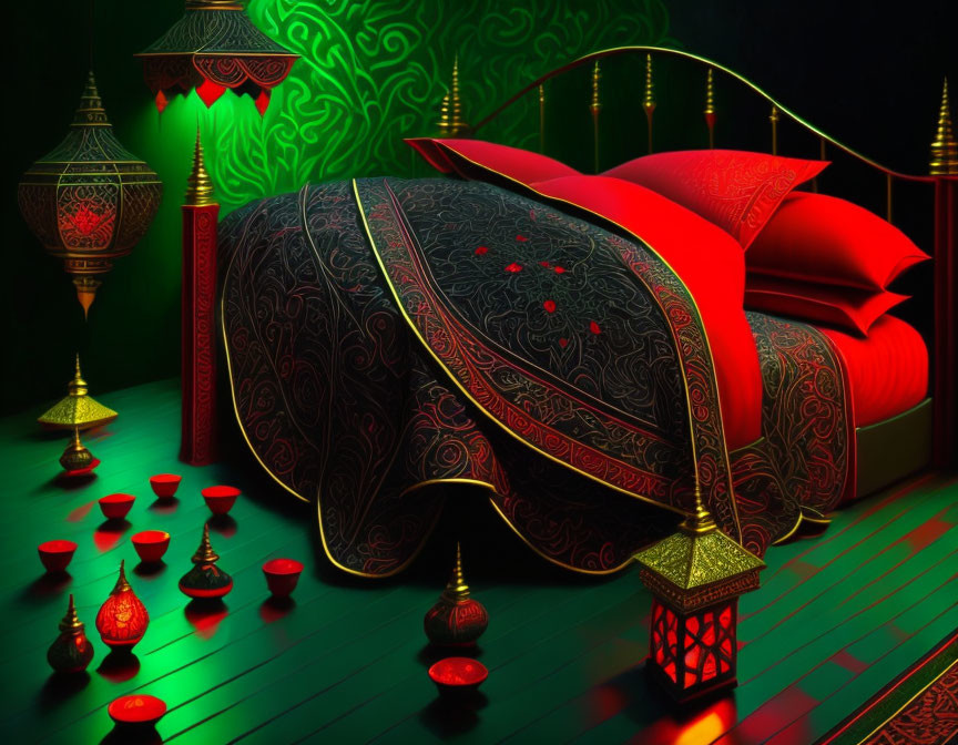 Luxurious Bedroom with Red and Black Bedding and Decorative Patterns