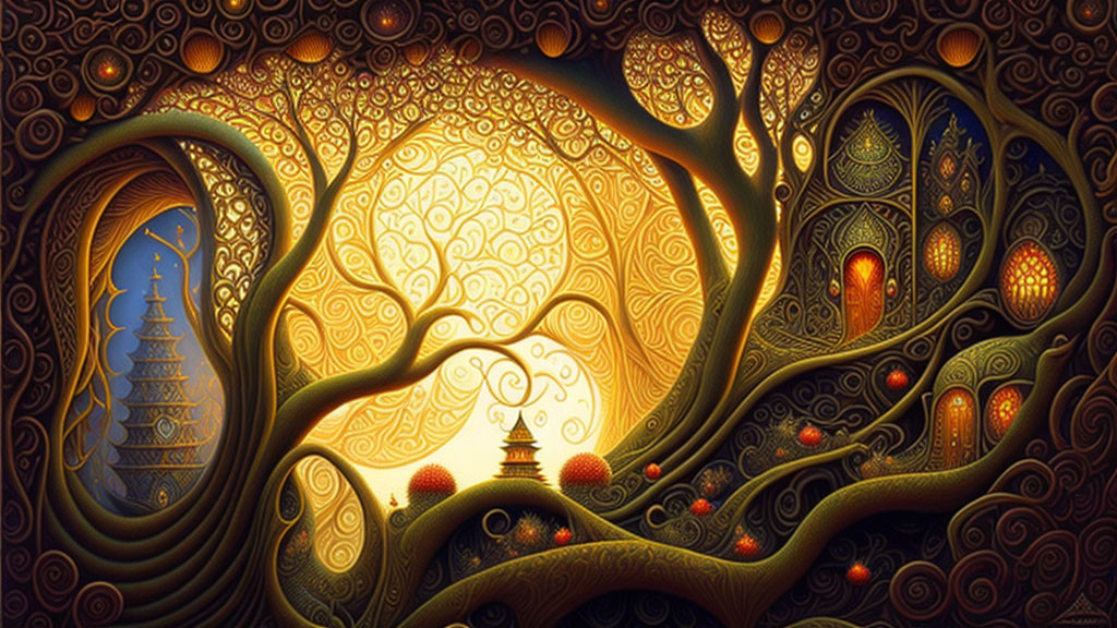 Fantastical tree with swirling branches and glowing lanterns on luminous background.