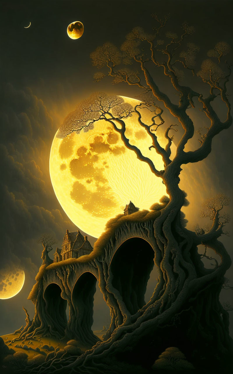 Night scene with crescent and full moon, twisted tree, cottage, and fox.