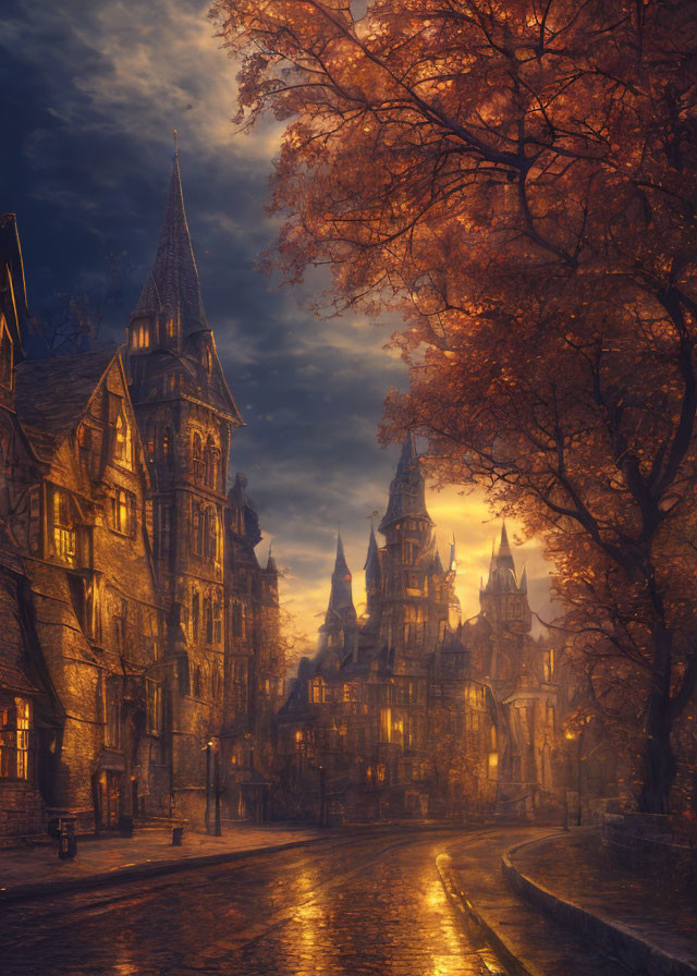 Gothic-style building on cobblestone street with glowing lights and autumn trees