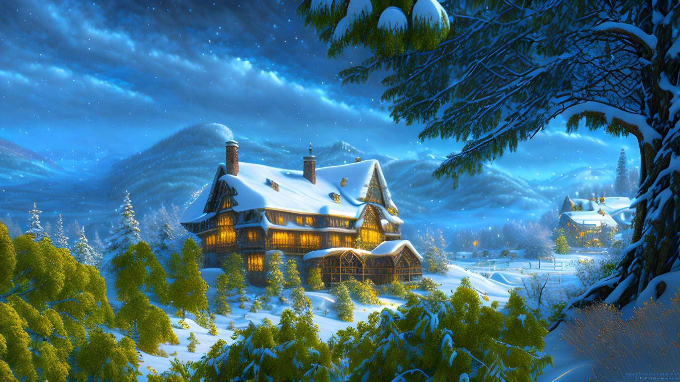 Snowy landscape: Cozy lodge at dusk with illuminated trees