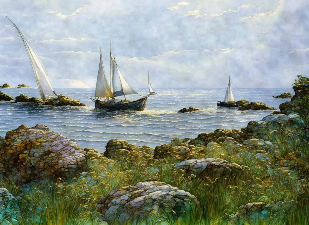 Sailboats in serene sea with rocky outcrops and lush greenery