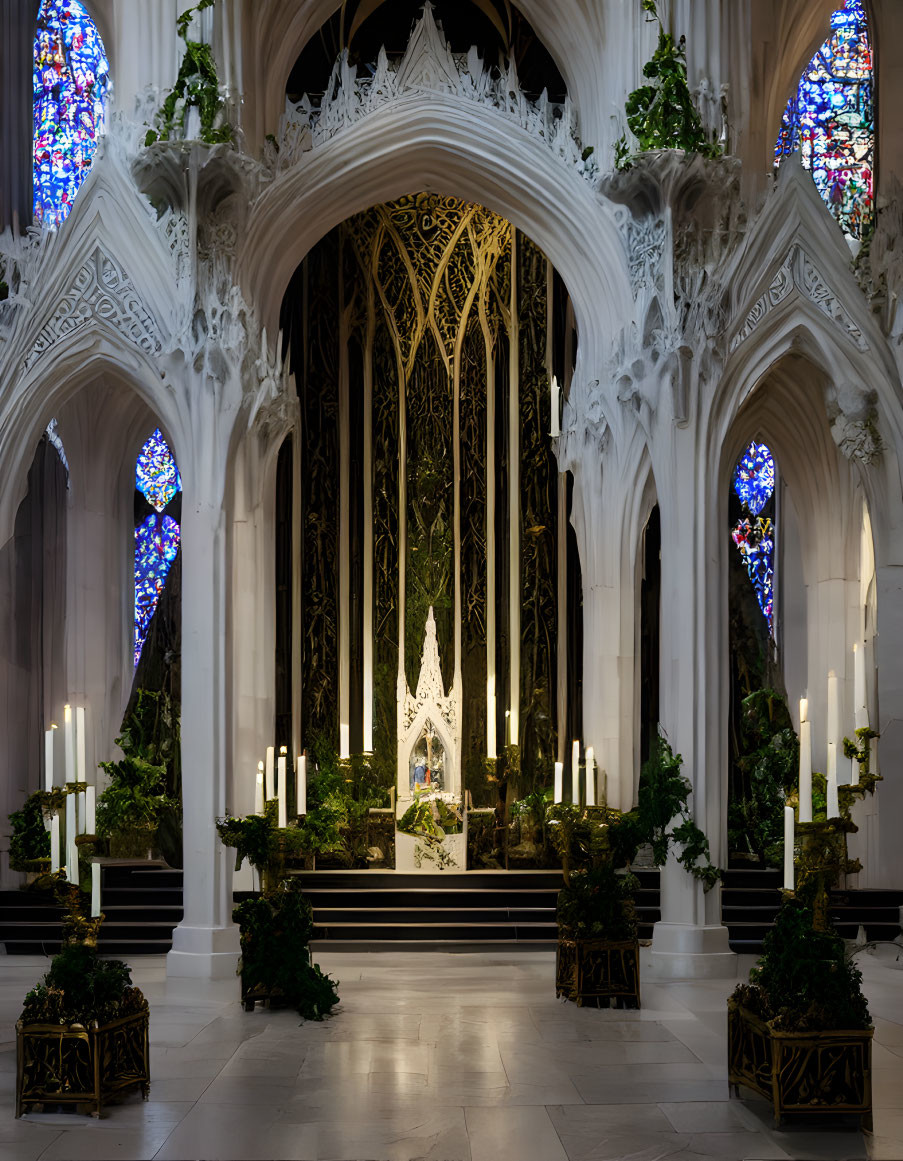 Gothic church interior with ornate altar and stained glass windows