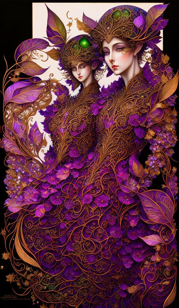 Stylized characters in purple and gold costumes with ornate headdresses on black background