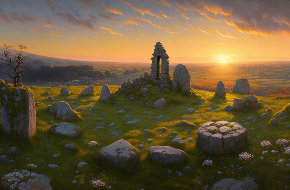 Tranquil sunset landscape with ancient stone ruin and vibrant green grass