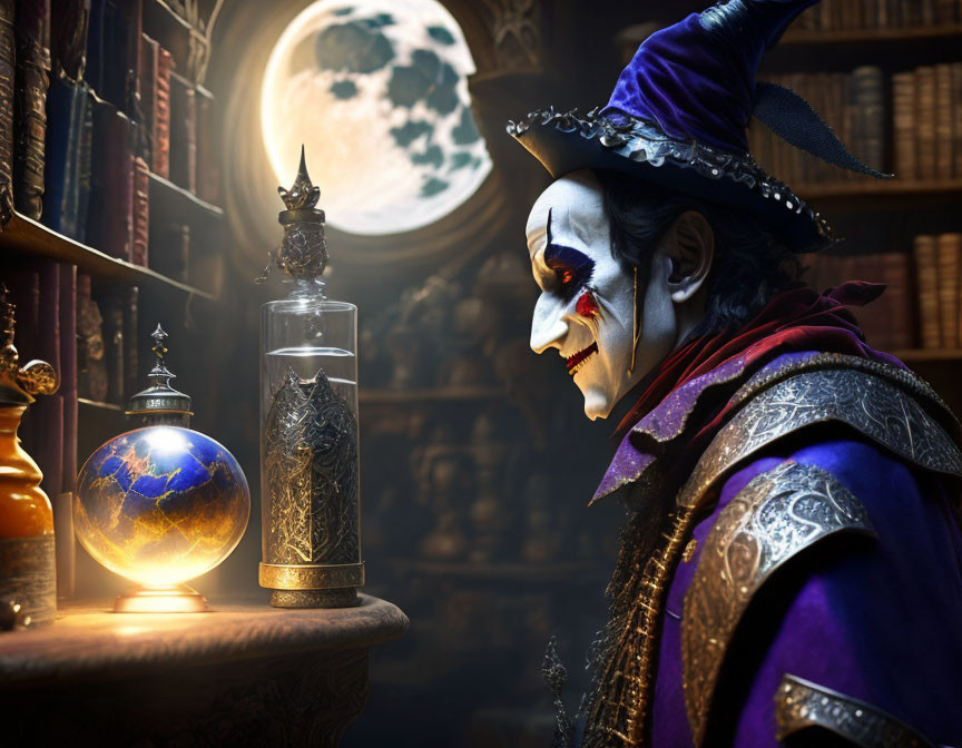 Mystical character in clown makeup in library with moonlit window