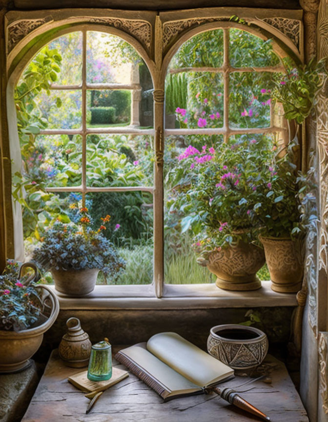 Rustic window with garden view, potted plants, book, pen, and inkwell for