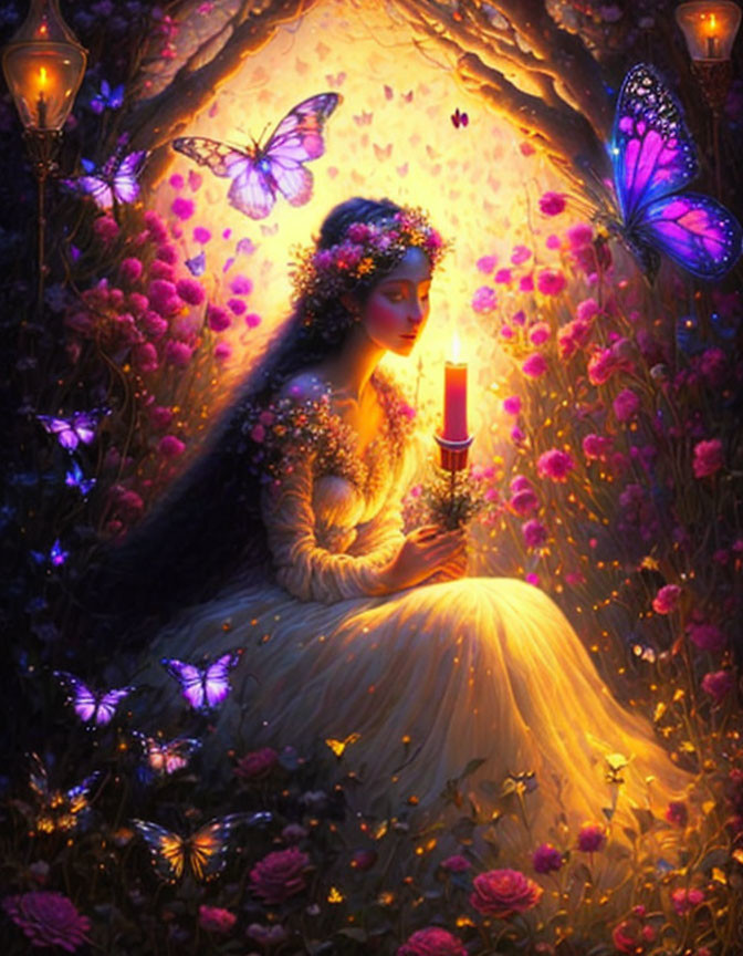 Woman in luminescent dress with butterflies in enchanted glade holding candle.