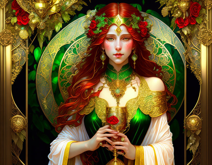 Detailed illustration of woman with red hair in green and gold attire, holding cup amidst intricate golden designs and