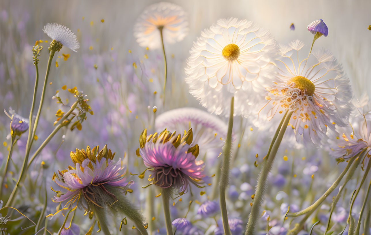 Tranquil white and purple flower field in soft golden sunlight