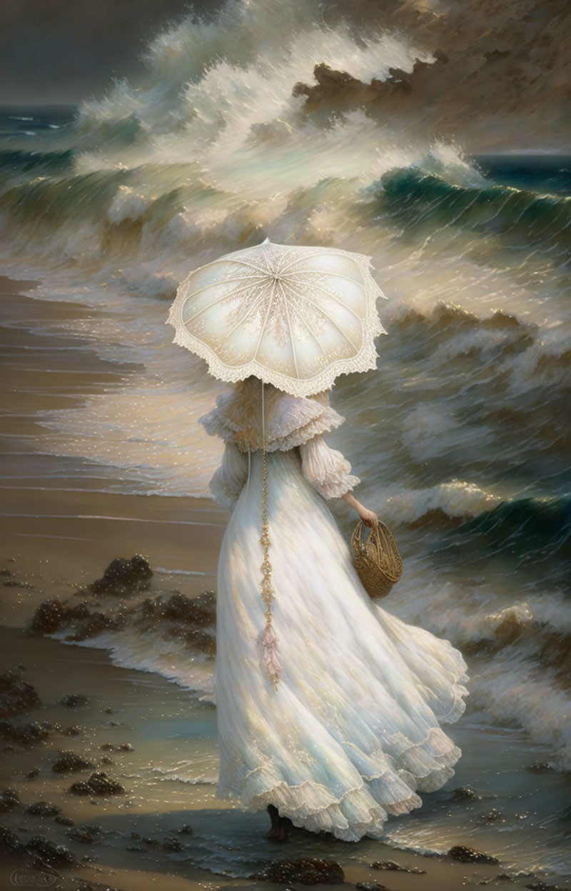 Vintage White Dress Figure with Parasol Gazes at Crashing Sea Waves