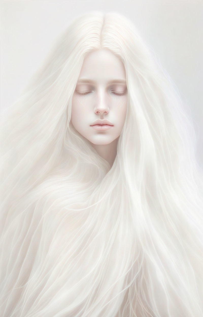 Serene portrait of person with long white hair and peaceful expression